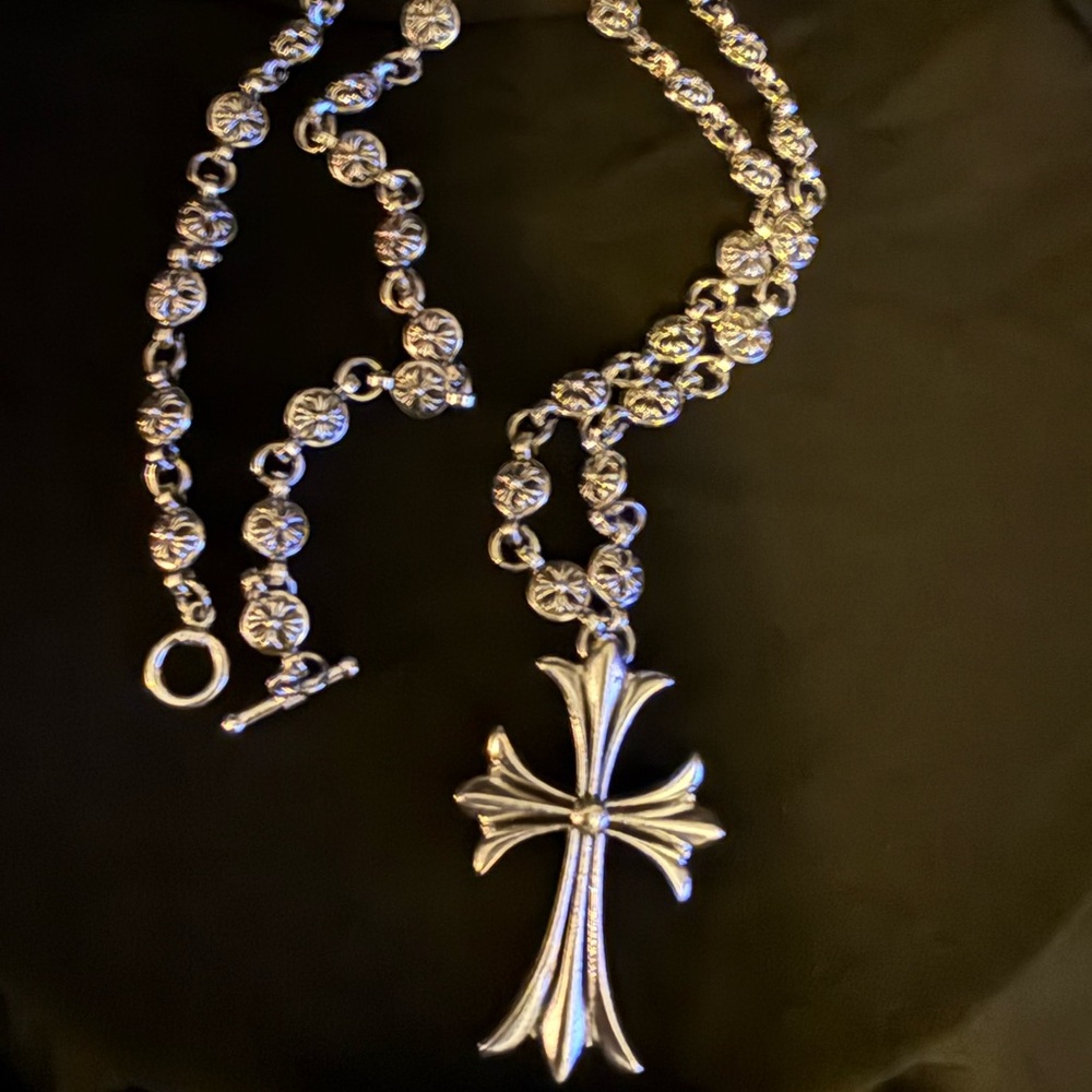 Silver Cross Pendant Necklace with flower Chain
